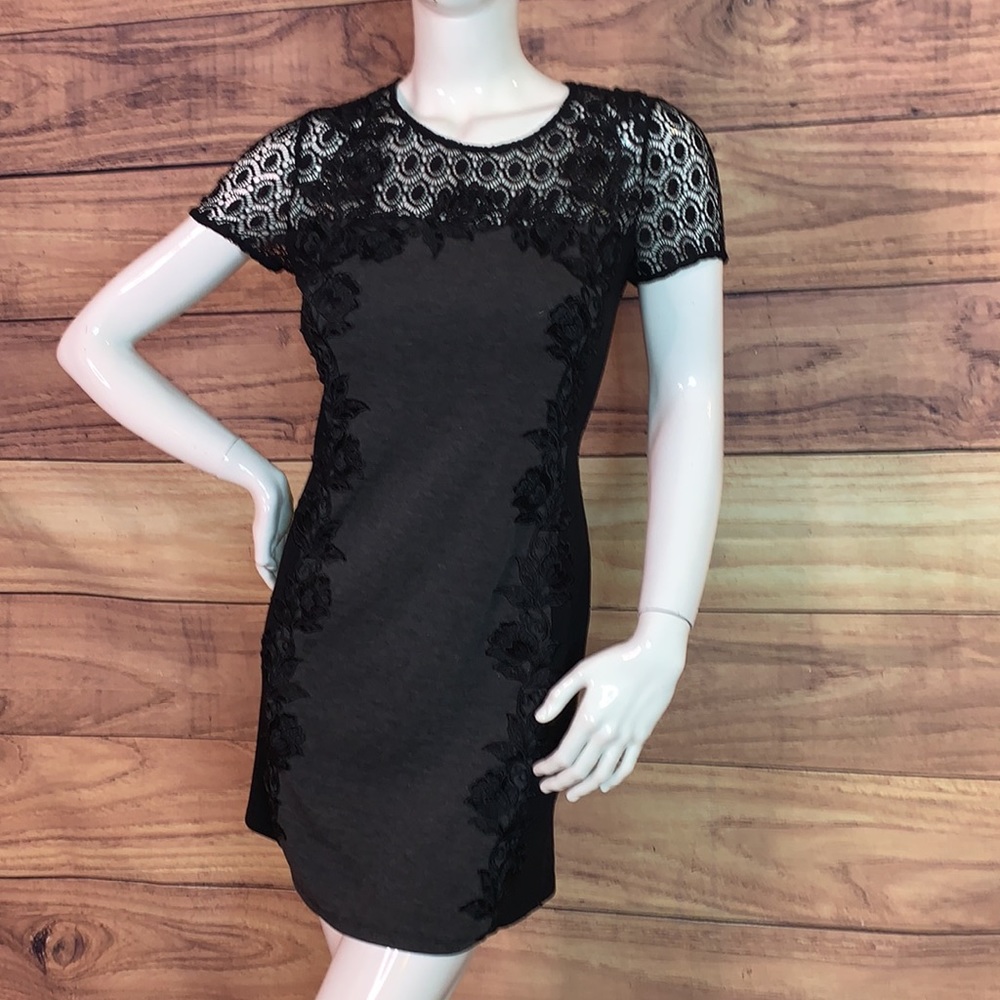 Truly Poppy black grey panel crochet lacey dress formal flower stitch fix M MD - Picture 5 of 17